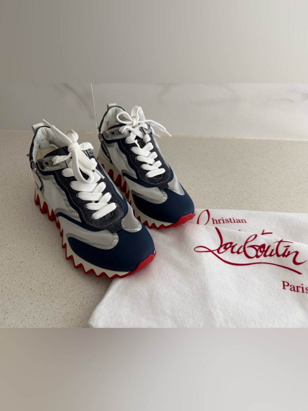 Christian Louboutin Sharkina Sneakers Mesh Size EU 37 US 7 White/Navy/Silver